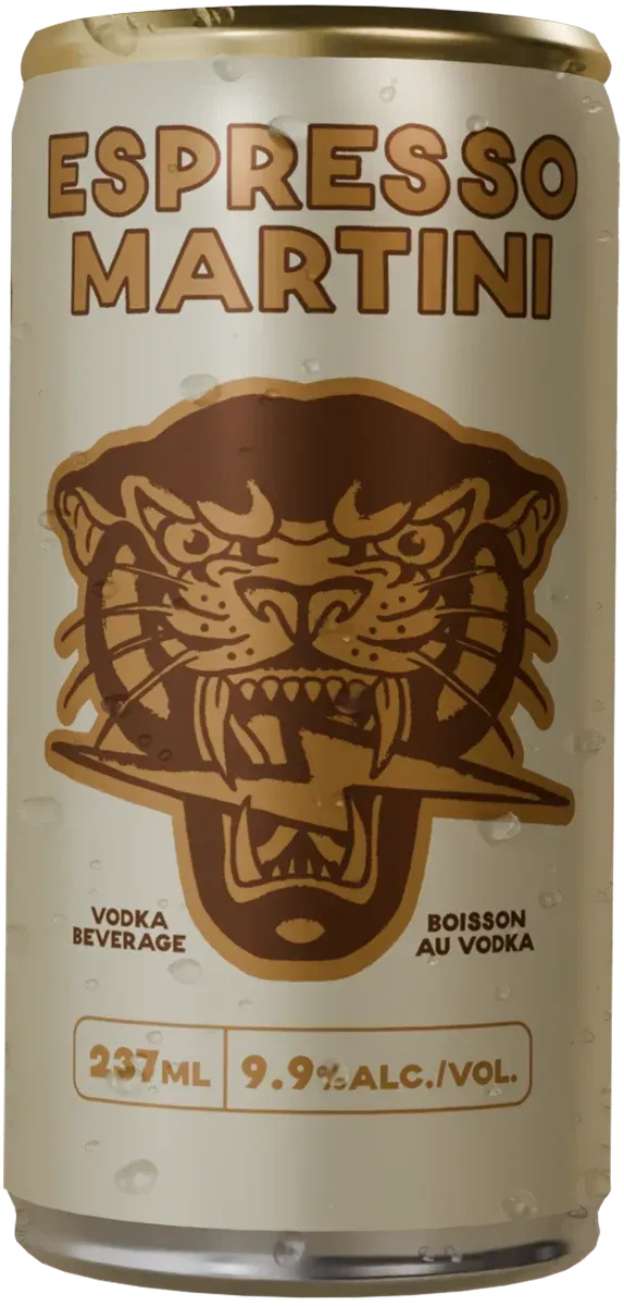A can of Barkeep Espresso Martini with the Black Leopard on the label