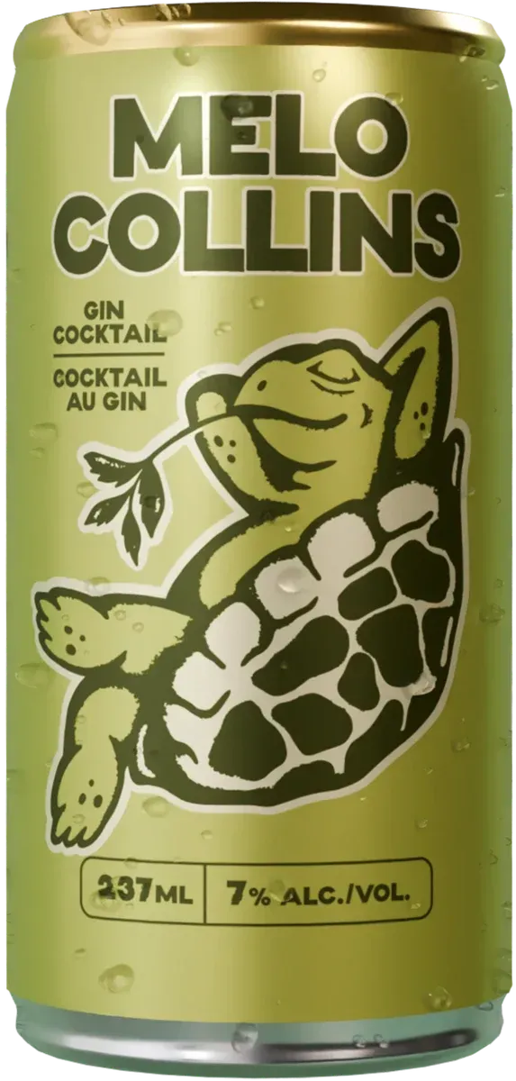 A green can of Barkeep Melo Collins with Melo the Turtle on the label