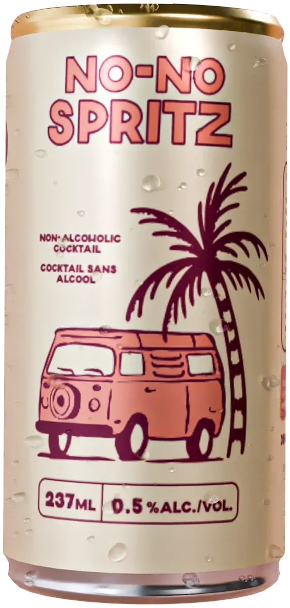 A can of No-No Spritz, non-alcoholic, beaded with condensation