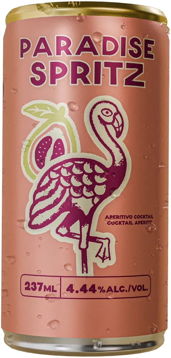 A pink can of Barkeep Paradise Spritz with a flamingo on the label