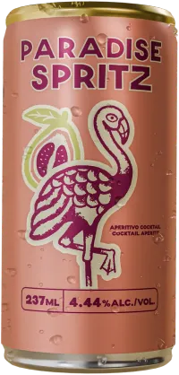 A pink can of Barkeep Paradise Spritz with a flamingo on the label