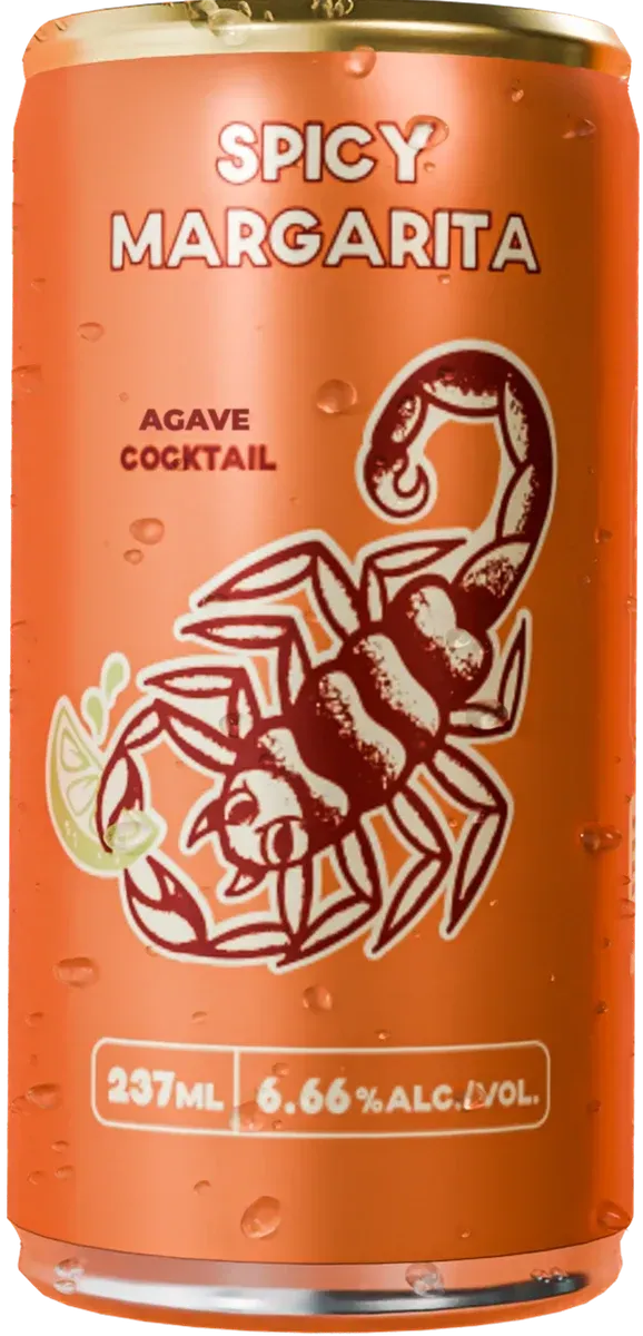 An orange can of Barkeep Spicy Margarita with a scorpion on the label