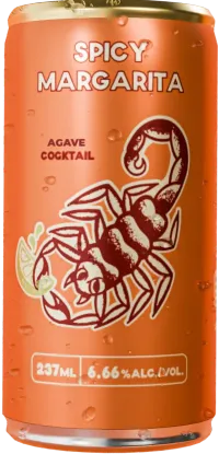 An orange can of Barkeep Spicy Margarita with a scorpion on the label